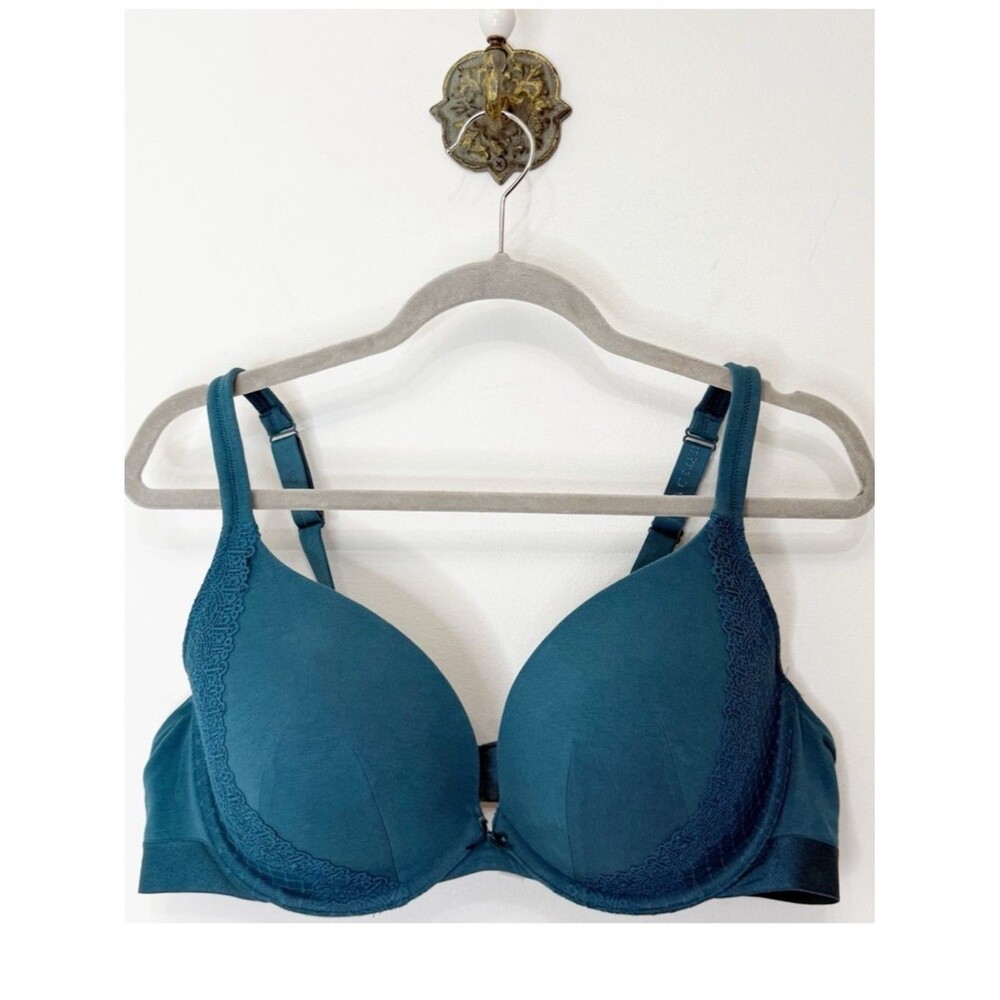 Cacique Teal Boost Molded Cup Plunge Bra Women’s Size 44C Cotton Lace Push Up
